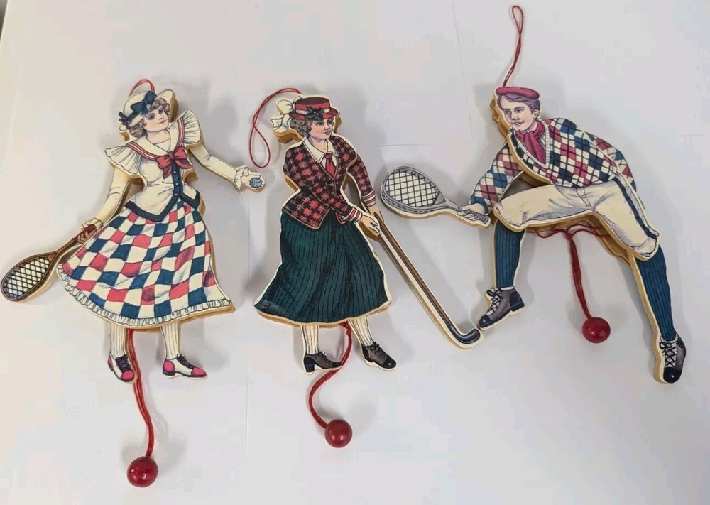 Vintage Wooden Pull String Toy Ornaments x3