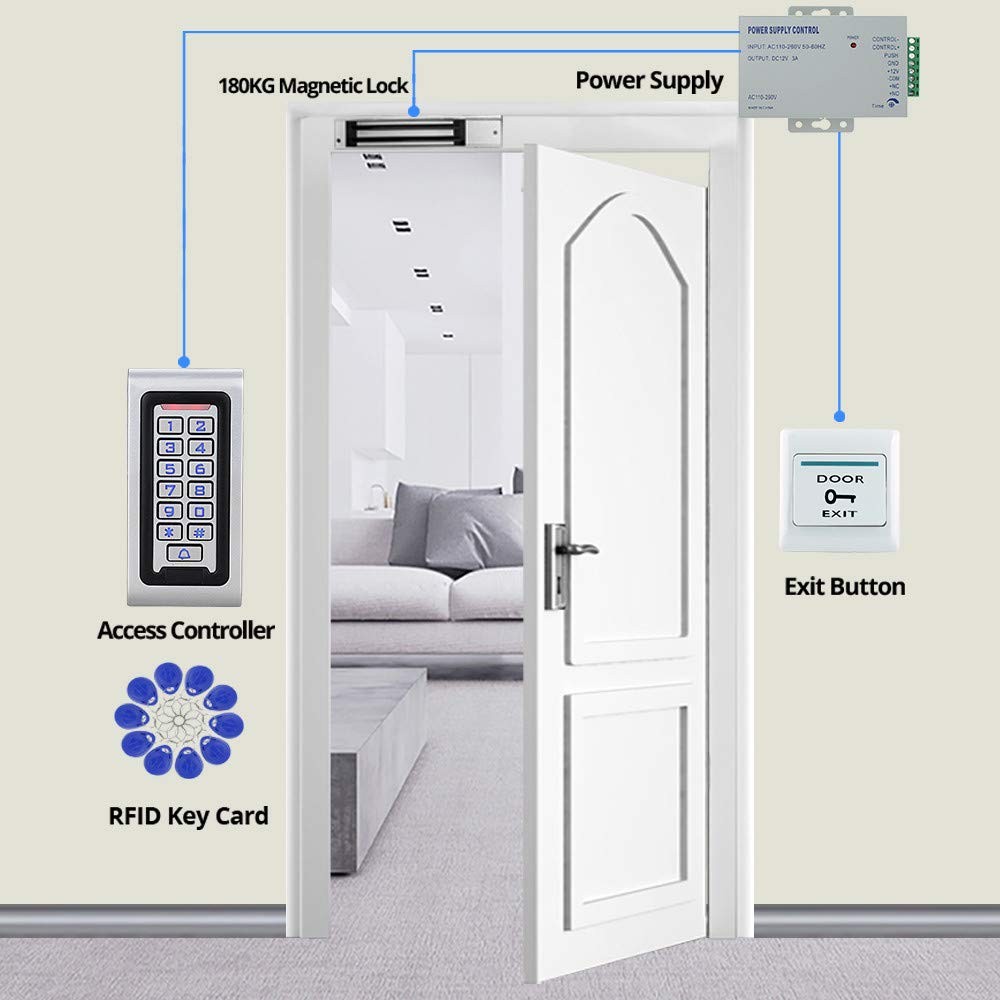 HFeng Door Access Control System Kit IP68 RFID Keypad Blue & Siliver