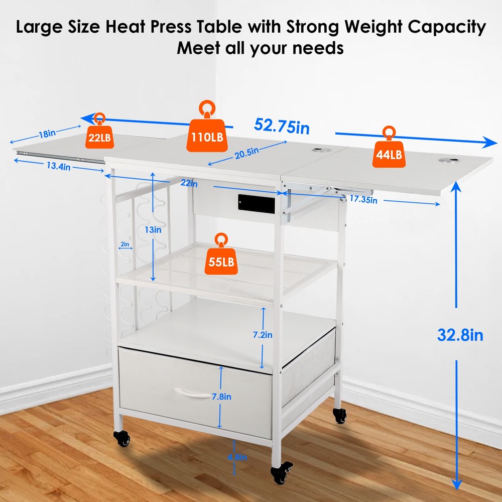 Movable Heat Press Table - 3 Tier Rolling Craft Table with Charging Station
