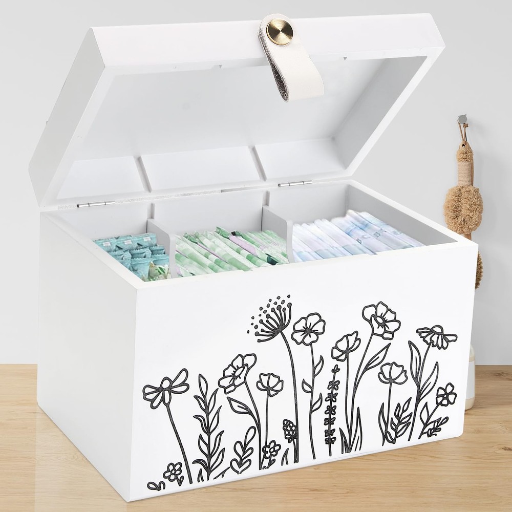 100% Solid Wood Tampon Holder Box with Lid, Copper Leather Pull, Absolute Rea...