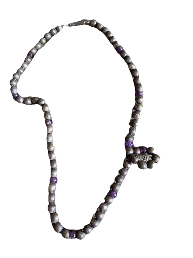 Beaded Necklace Amethyst Pewter Silver Tone Mid Length