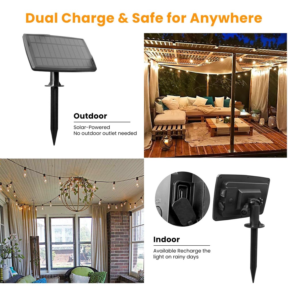 Solar String Lights 100FT Outdoor Edison Bulbs Remote Dimmable