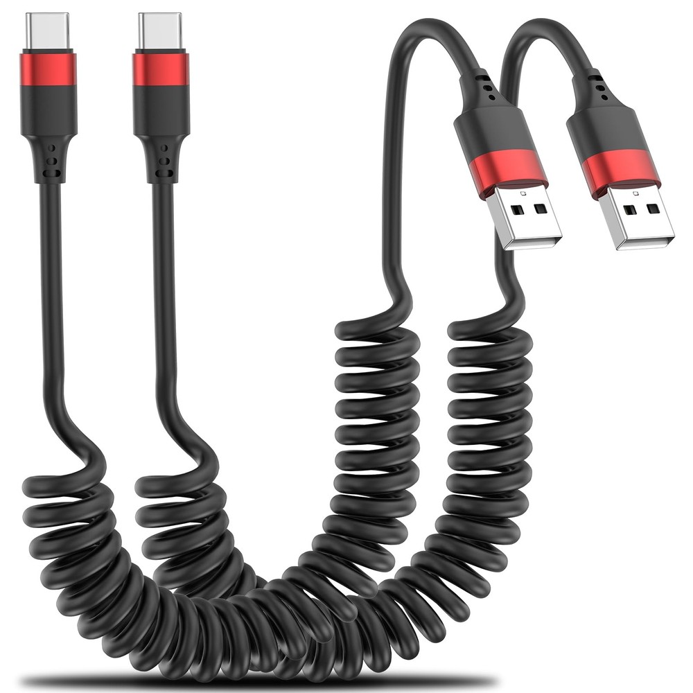 Coiled USB C Cable for Car, 2 Pack Type C Fast 3 FT, Black