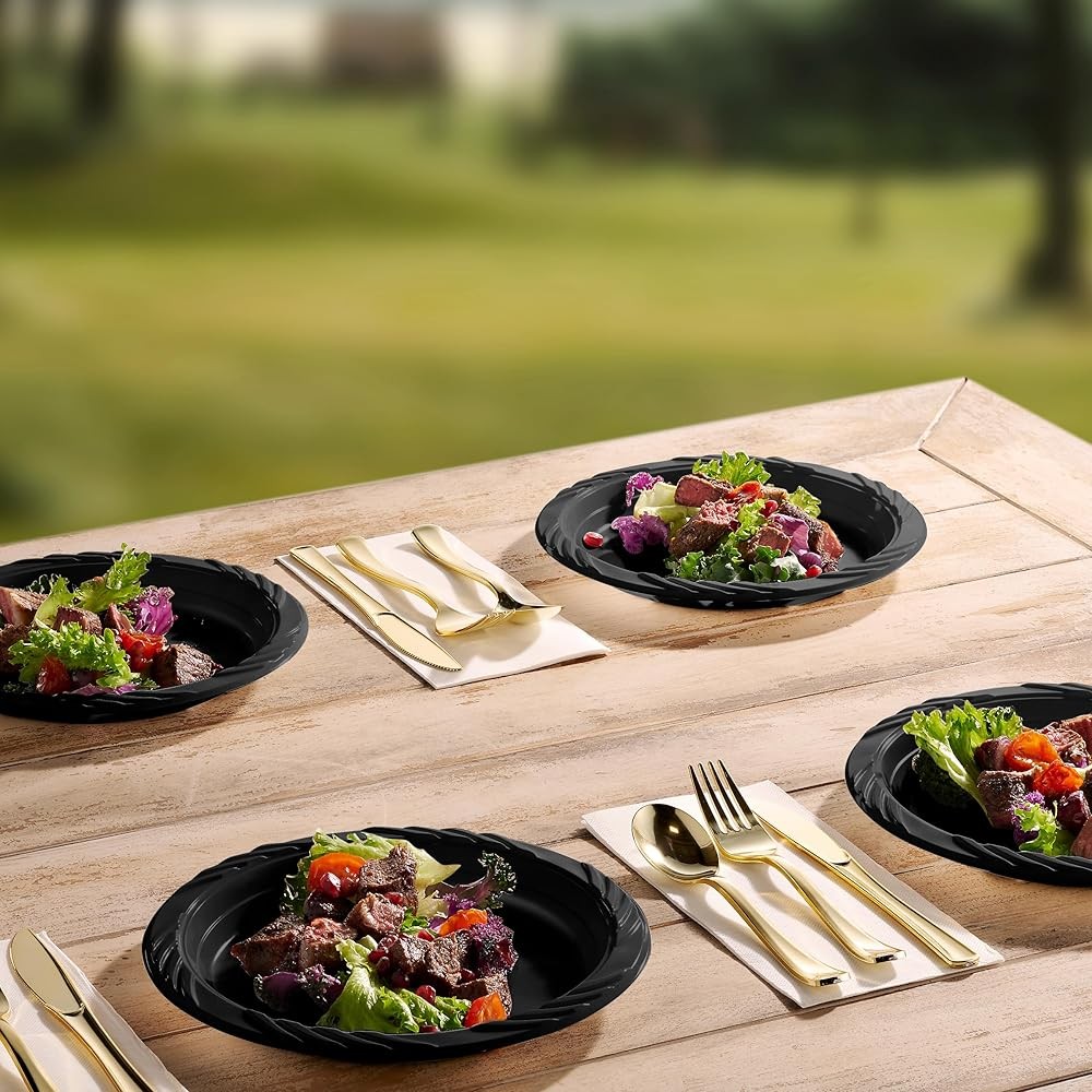 200 Bla Plastic Plates Set - 9 Inch Disposable Dinner Plates Bulk