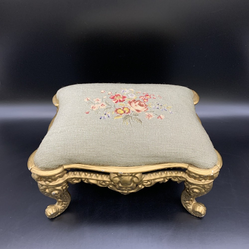 VTG Needlepoint Tiny Footstool with Metal Legs – Charming Petite Accent Stool