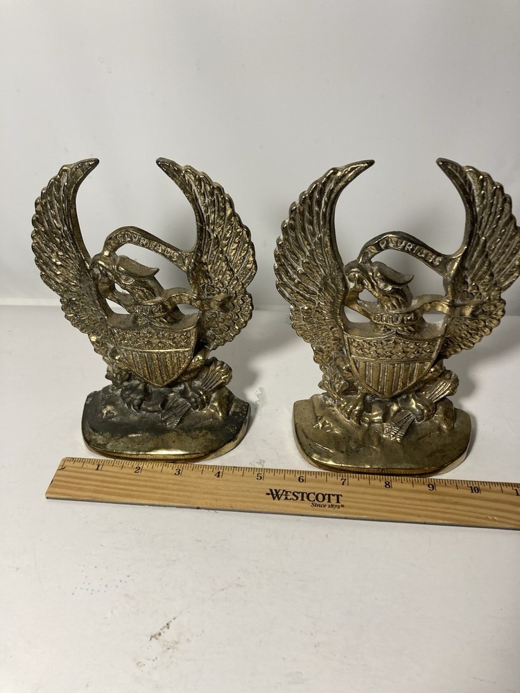 Vtg Solid Brass American Eagle E Pluribus Unum Shield Bookends-US Made-7.5x4.5”