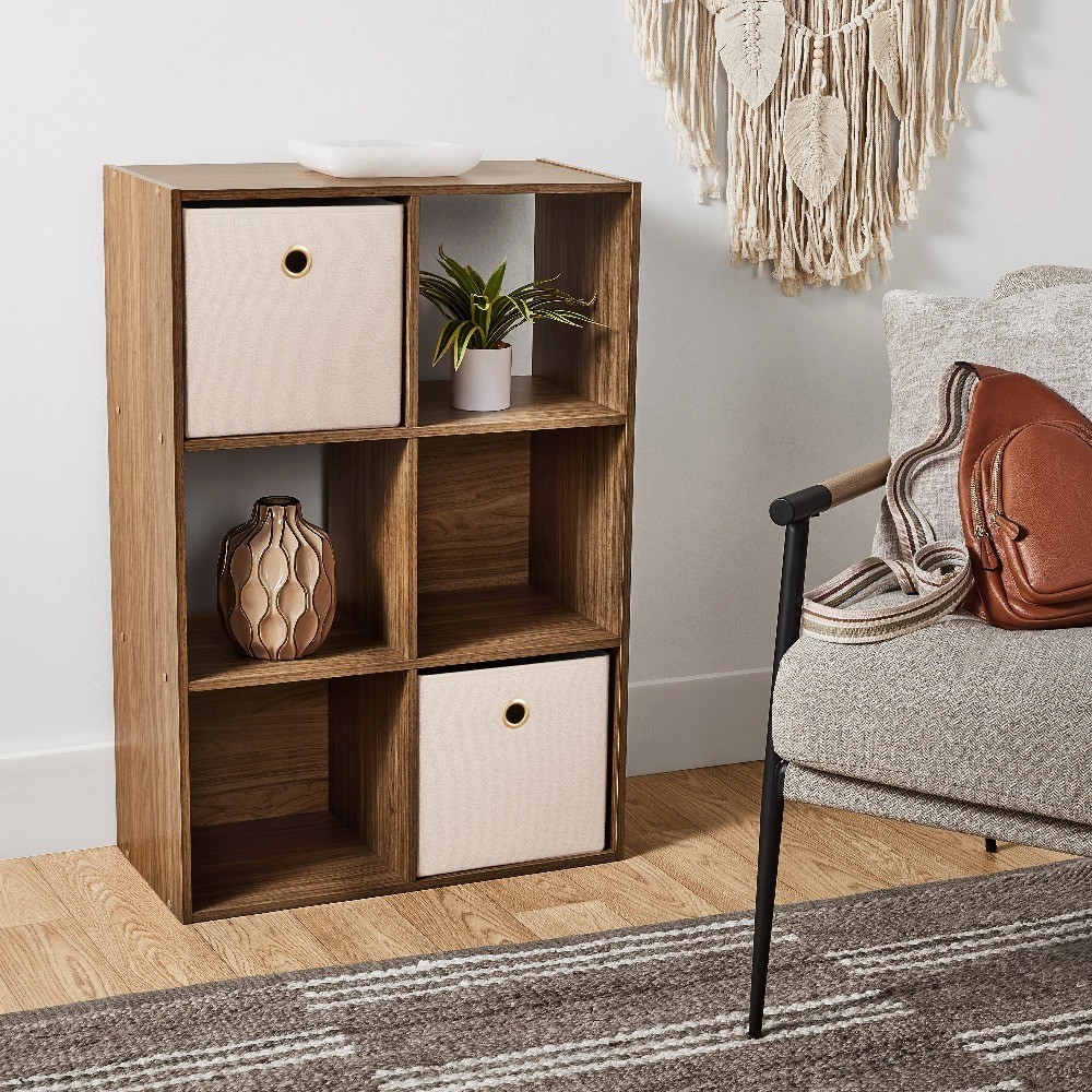 6-Cube Storage Organizer, Warm Walnut Finish, Modular Cube Shelf, Closet