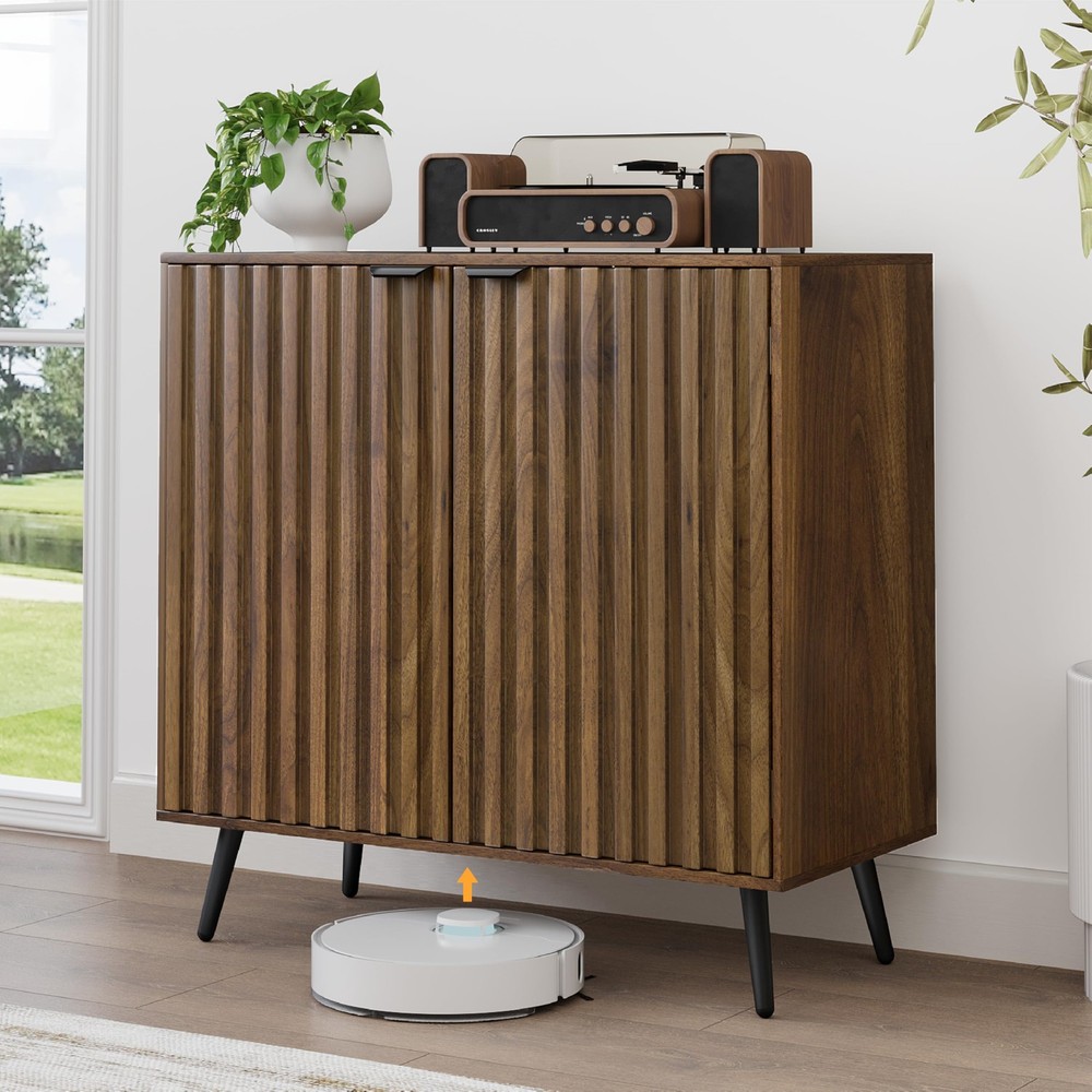 Fluted Sideboard Cabinet, Freestanding Walnut Buffet Cabinet with Adjustable ...