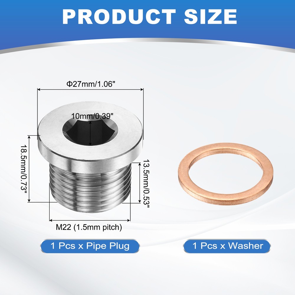 M22 x 1.5 Pipe Plug Fitting, Internal Hex Head Socket 304 Stainless Steel