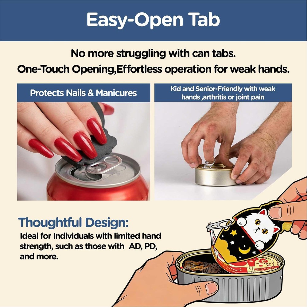 Ring Pull Can Opener for Soda Food Cat Cans Easy Open Tool for Weak Hands Arthri