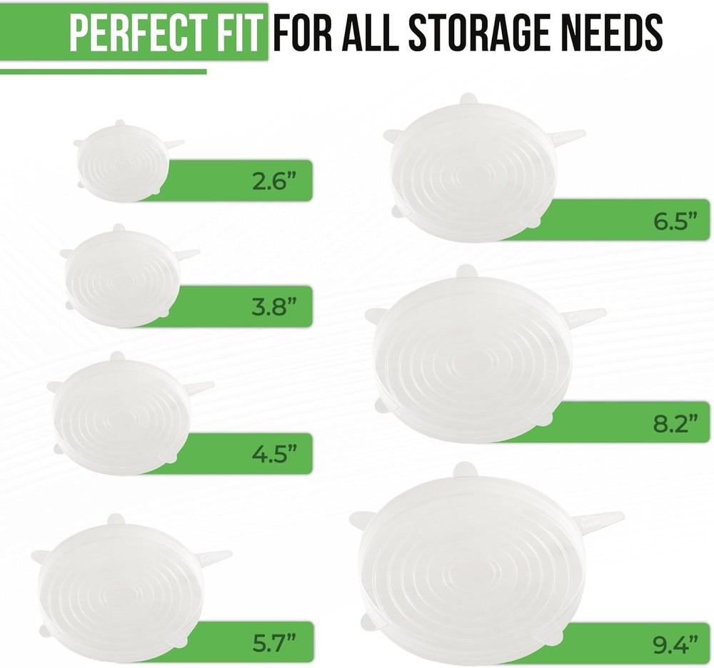 Reusable Silicone Stretch Lids –7 Pack –Universal Airtight Bowl, Jar, Cup Covers