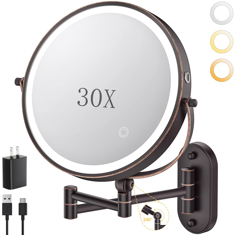 9" Wall Mounted Lighted Makeup Mirror,4000mAh Rechargeable Double Sided 1X/30...