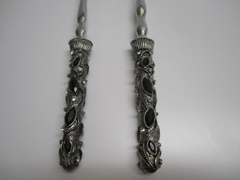 2 Saints Silver Serving Salad Fork & Spoon Set Ornate Black & Crystal Handles