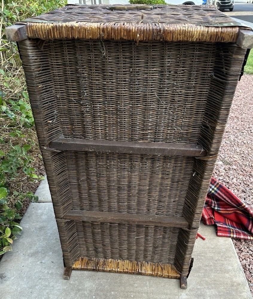Antique Wicker Blanket Chest c1905 Cane Trunk Brass Hardware