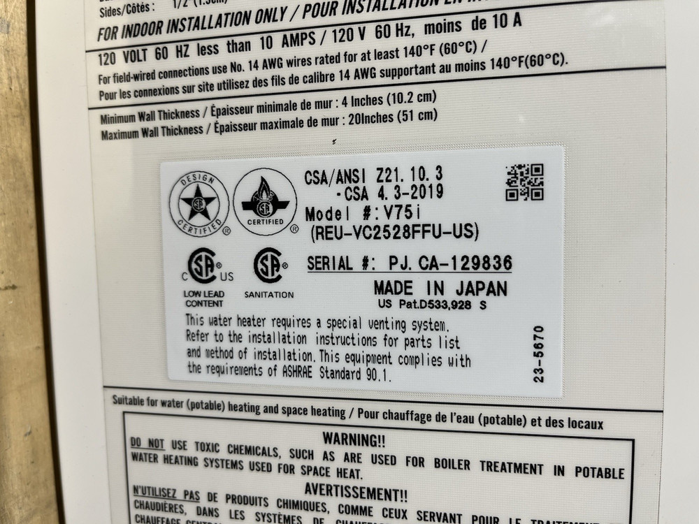 Rinnai V75iN Indoor Tankless Water Heater 180k BTU Natural Gas (B-28 #1606)