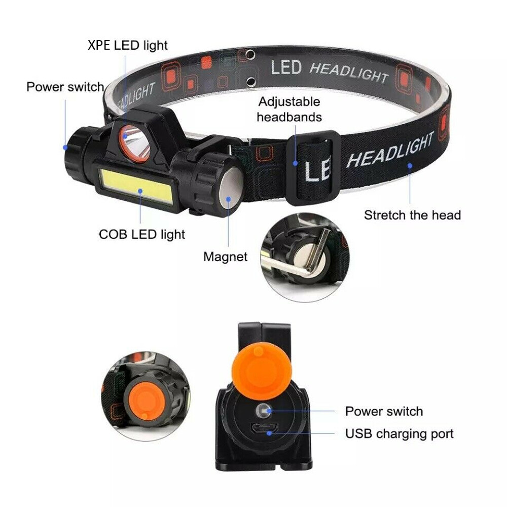 LED Headlamp Headlight USB Rechargeable Waterproof Head Light Flashlight 2 Modes