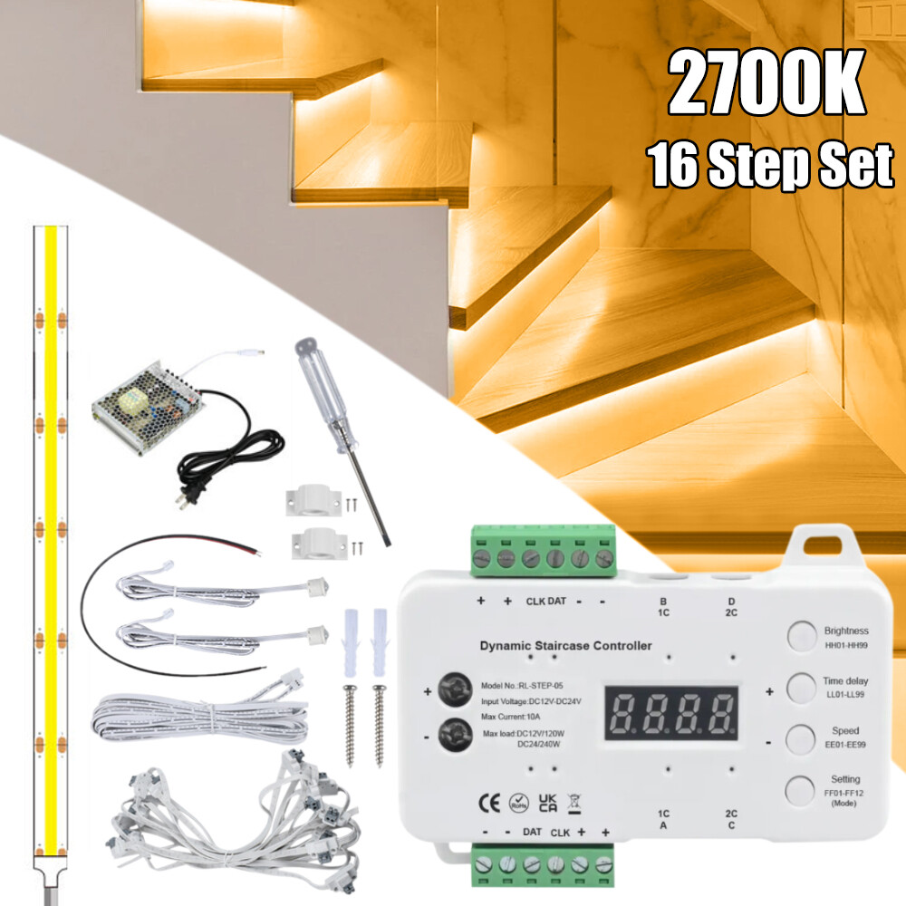 16 Steps LED Strip Light Stair Lighting Controller Motion Sensor System Full Set