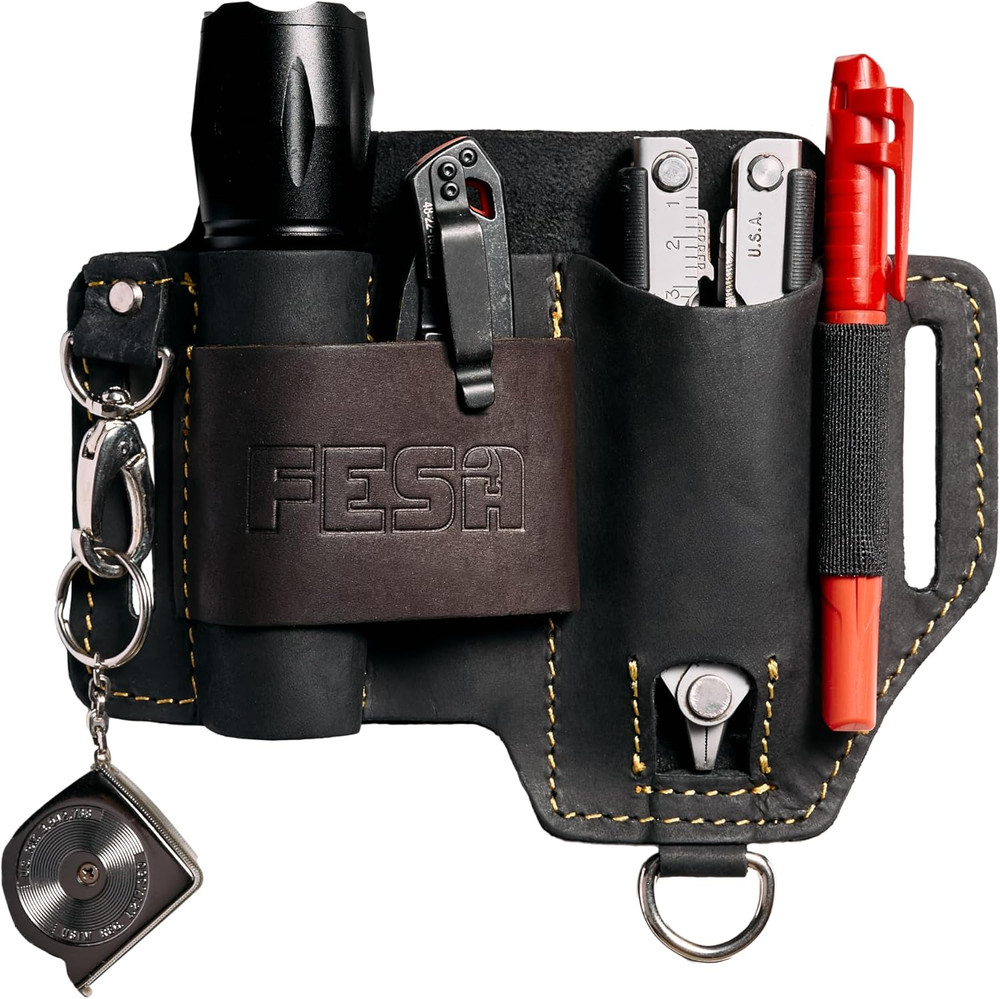 Leather Multitool Sheath Belt EDC Pouch Organizer Tactical Pocket Flashlight Pen