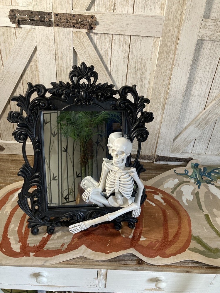 Skeleton Mirror | Halloween Gothic Decor | Ornate Black Framed Mirror