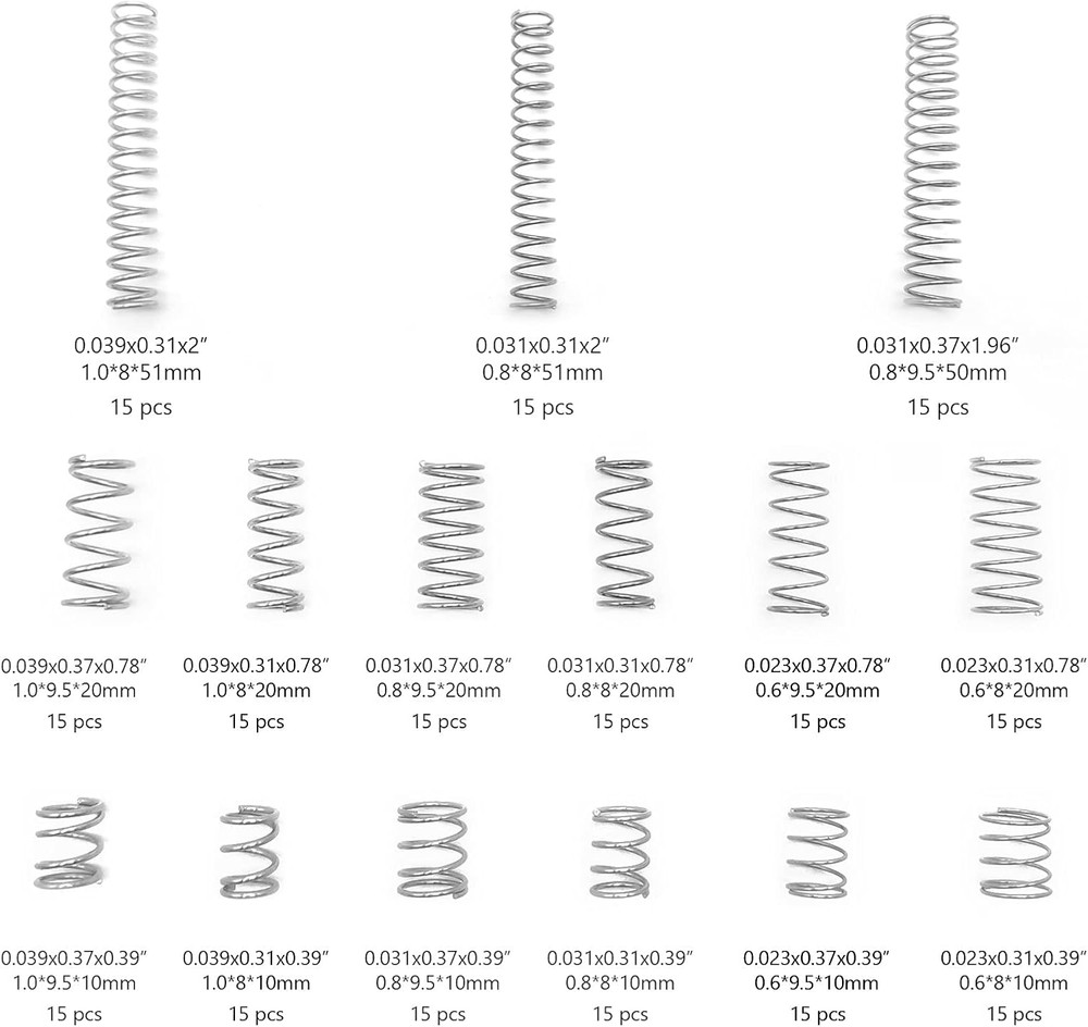 225Pcs Small Compression Spring Assortment, 15 Different Sizes, Wire Diameter 0.