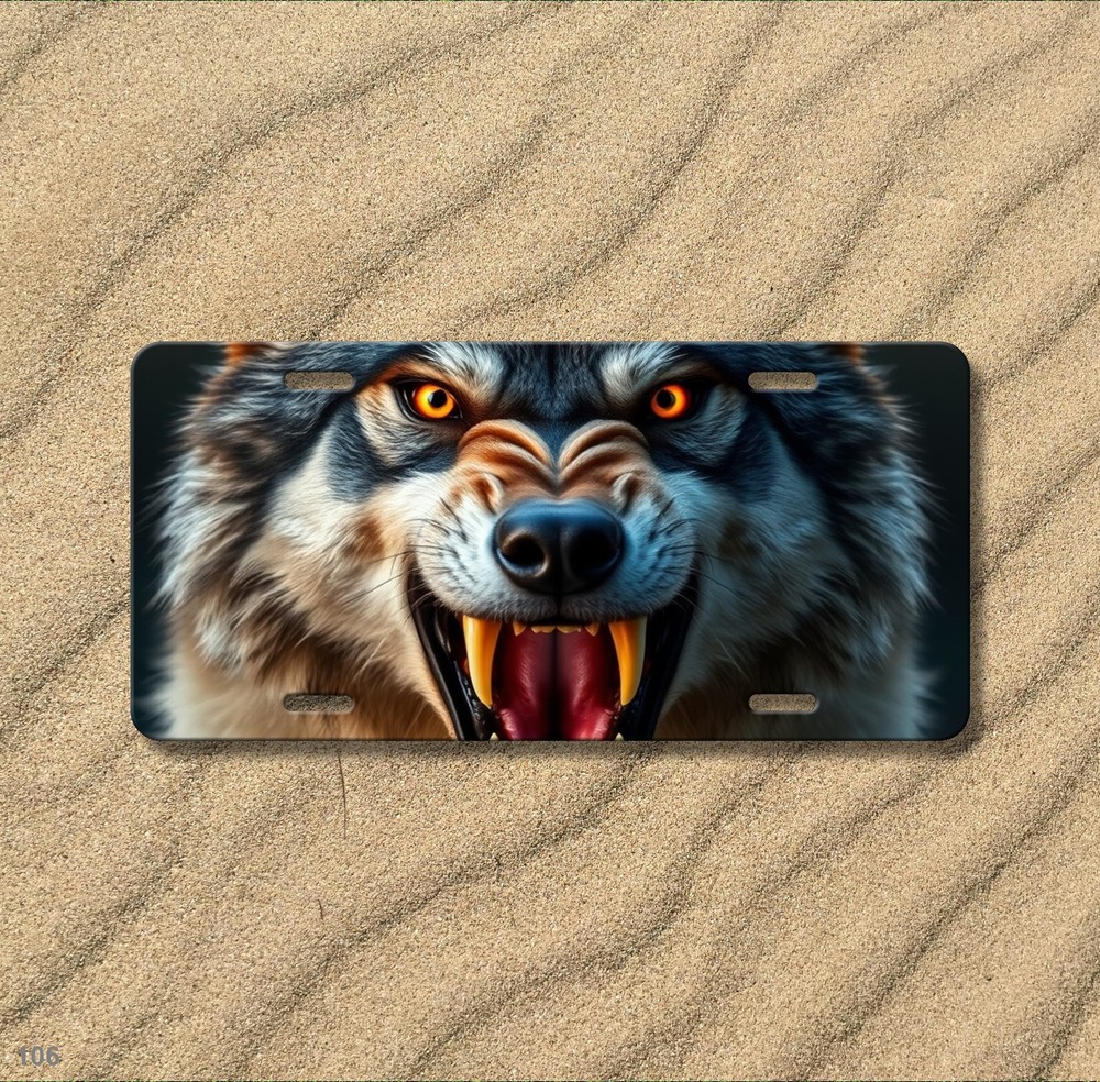Intense Wolf License Plate with Sharp Teeth Personalized Front Plate Birthday Gi
