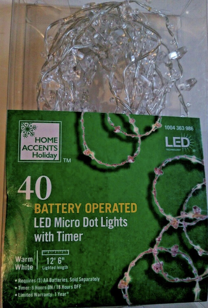 Home Accents 12.5ft 40 LED Micro Dot Light Timer Warm White Battery Operated