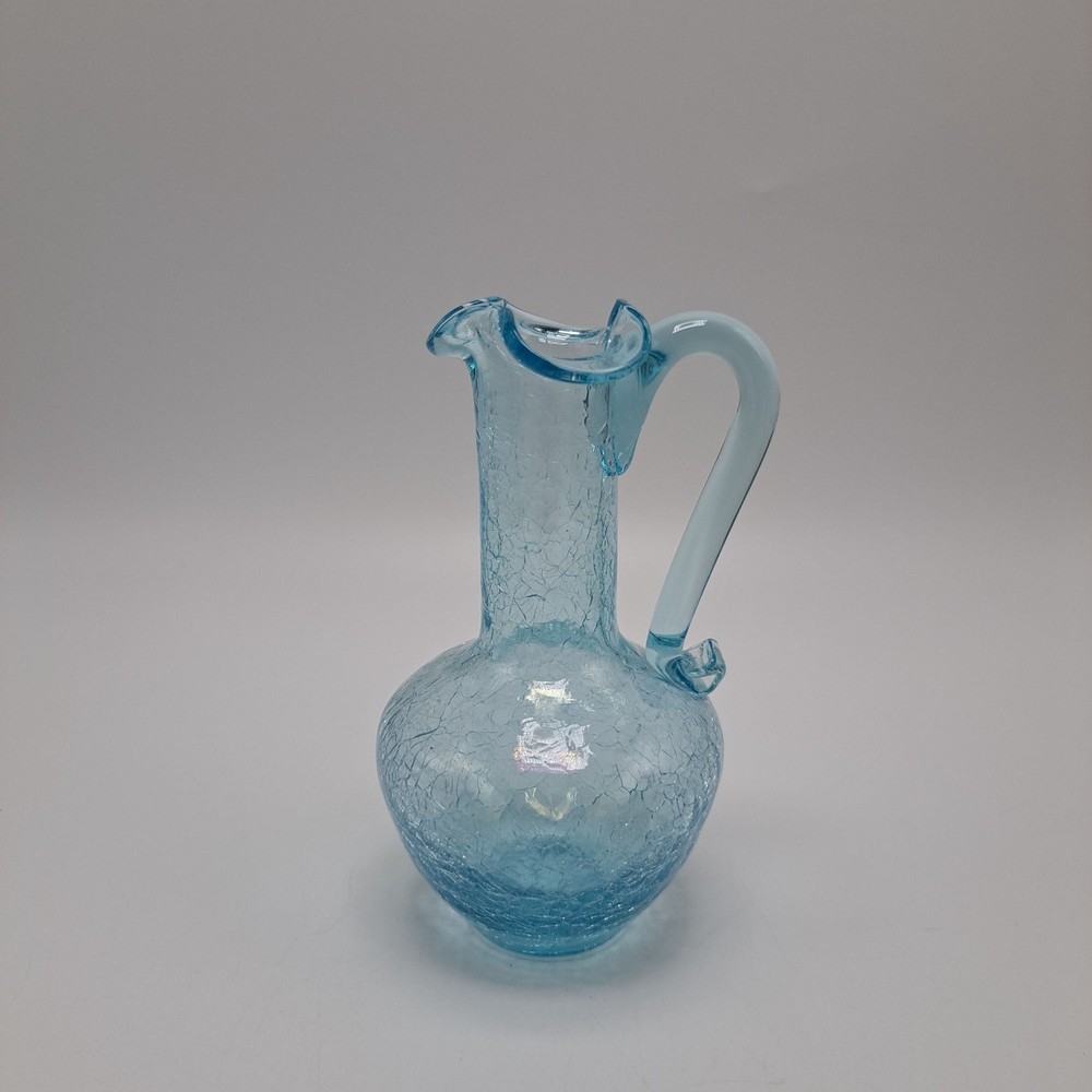 Vintage Blue Crackle Glass Pitcher With Applied Handle