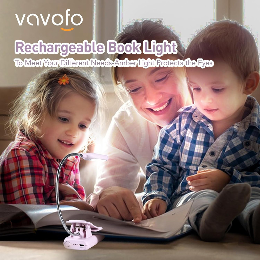 Rechargeable Book Light, Blue Light Blocking, Amber 1600K Clip on Reading Light,
