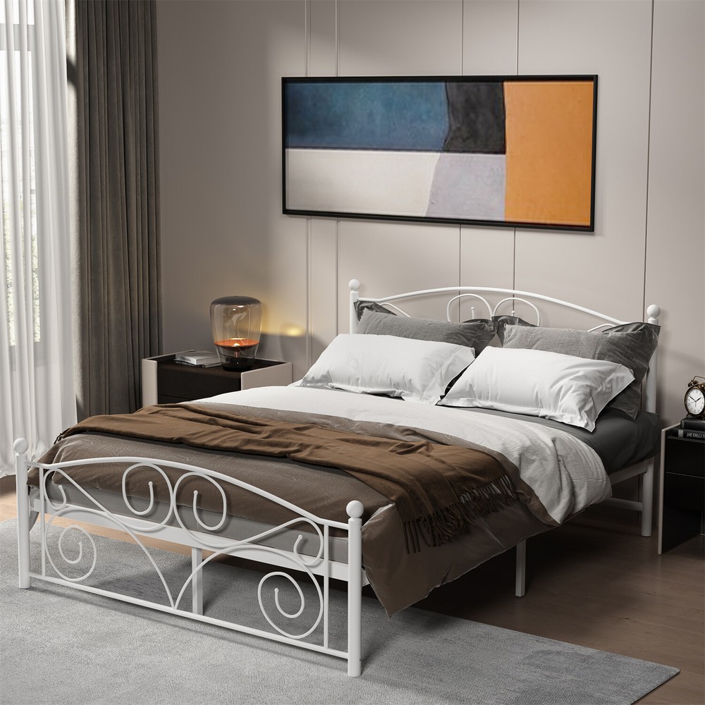 Full Size Bed Frame Metal Platform Bed Frame Sturdy Slat Support White
