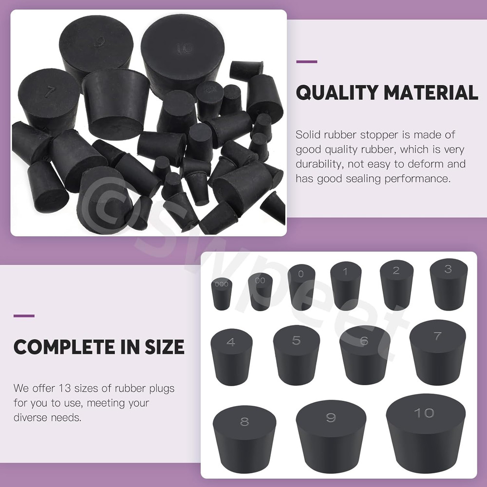 32Pcs 13 Assorted Sizes Black Solid Rubber, Black Tapered Lab Seal Rubber Sto...