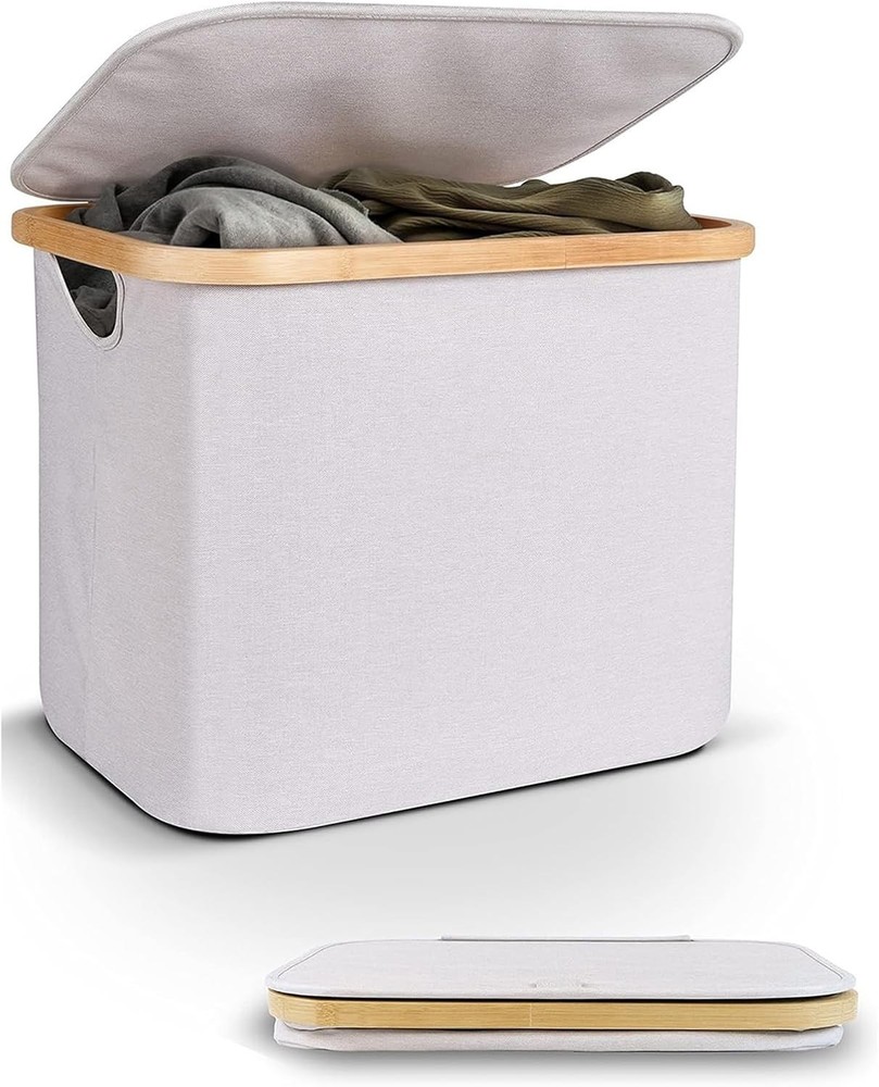 Spacious foldable clothes hamper with lid, bamboo handles, sturdy and portable