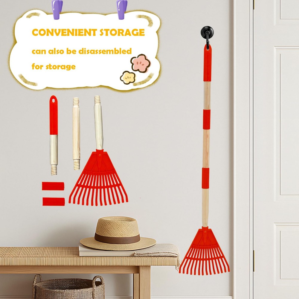 Kids Leaf Rake - 3-Section Adjustable Handle, Lightweight, Wood & Plastic, Sm...