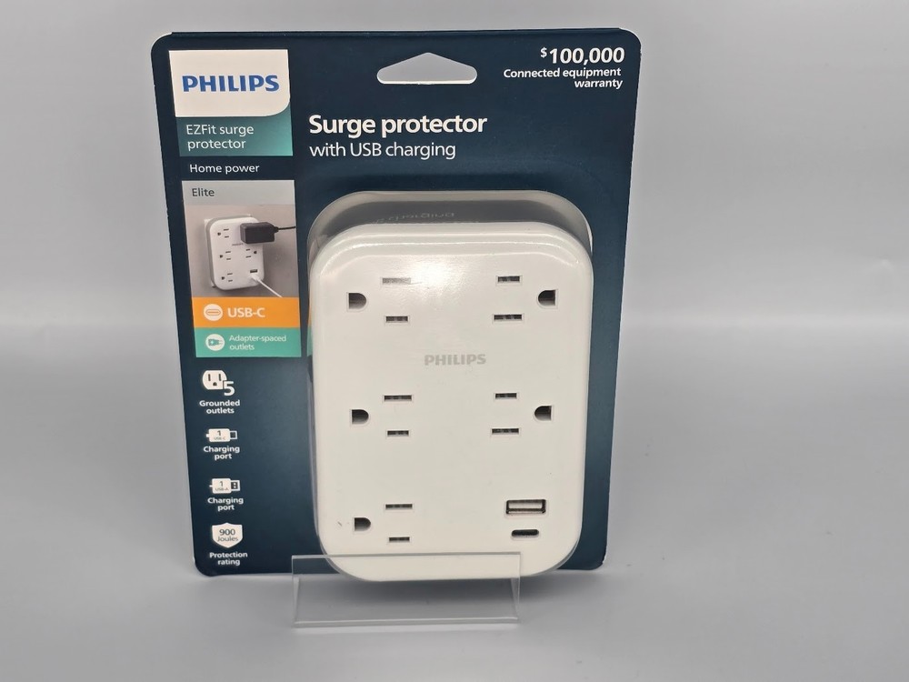 Philips 5-Outlet Extender Surge Protector,  1 USB-A, 1 USB- C, 3-Prong **NEW**