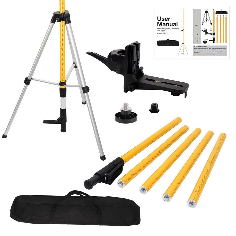 12Ft Adjustable Telescoping Laser Level Pole Tripod - Dual Thread Adapter & Case