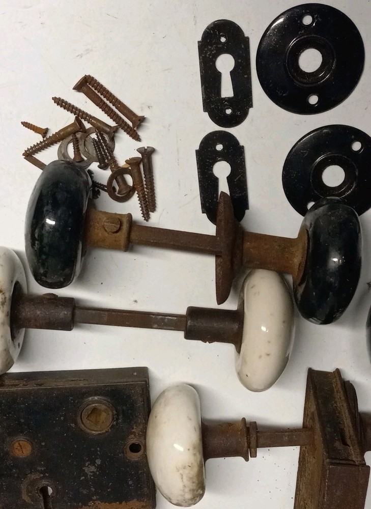 Antique RHC Reading & Sager Hardware Cast Iron Rim Lock Sets W/ Porcelain Knobs