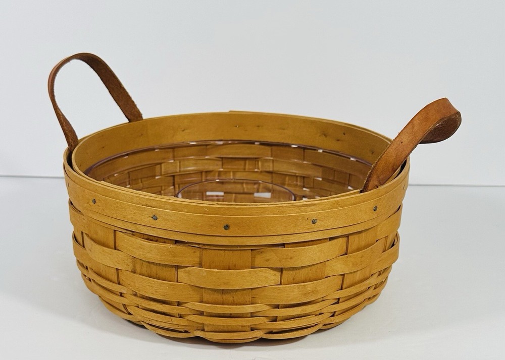 Longaberger Gathering Darning Basket Hard Plastic Insert 2001 Leather Handles