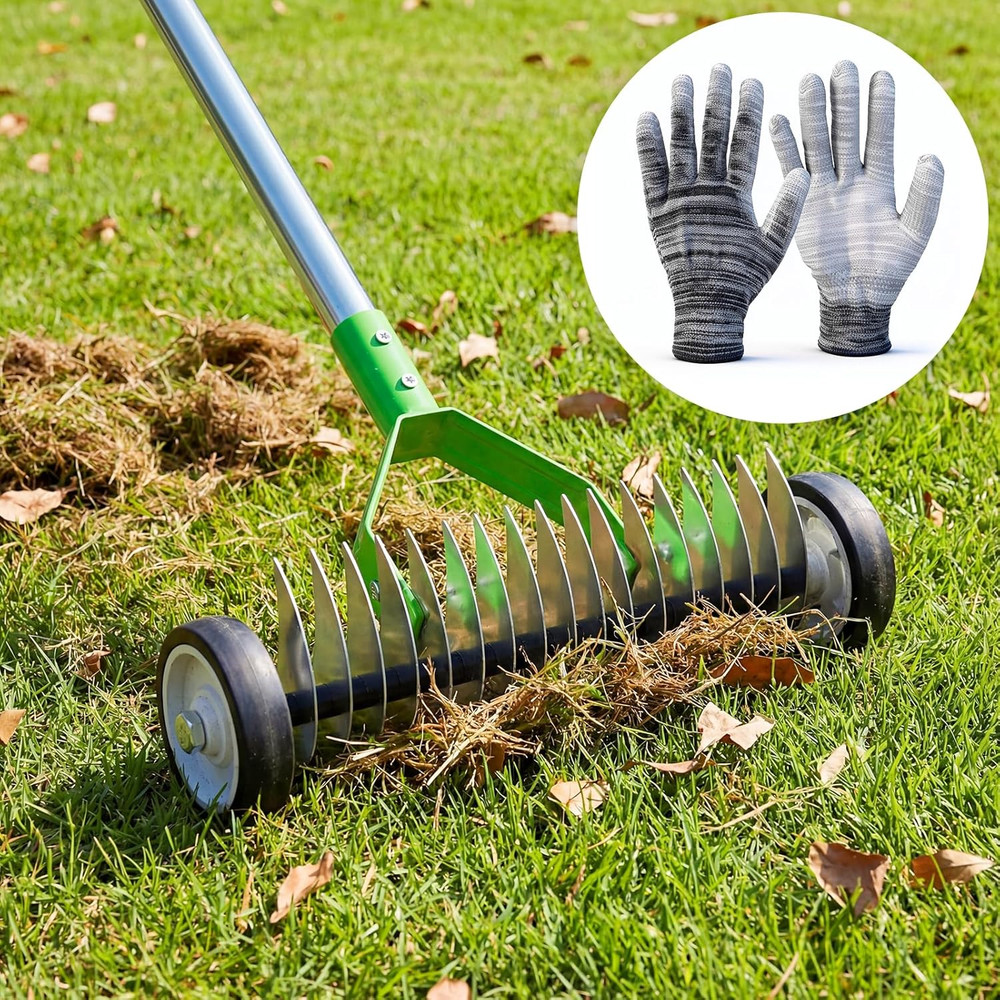 Heavy-Duty Rolling Thatch Rake with Wheels - 15.28" Steel Dethatcher Tool