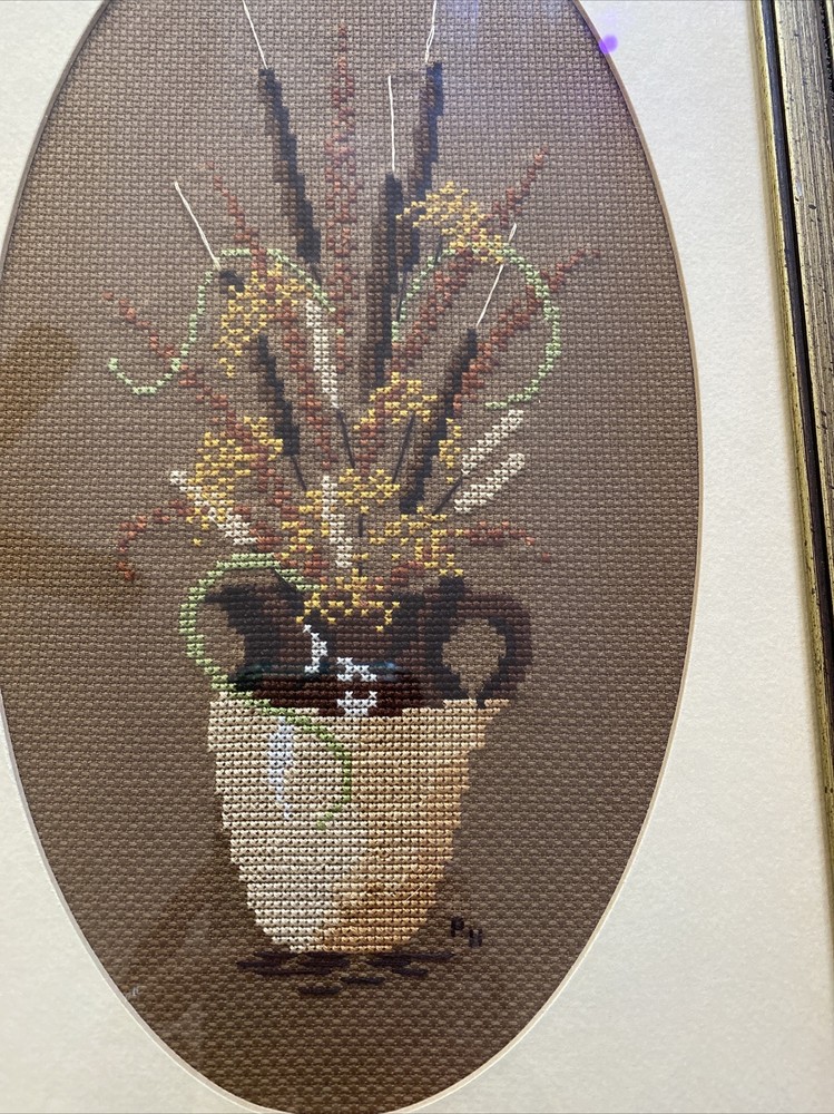 Framed Crosss Stitch Pitcher And Cattails - 15” X 10”
