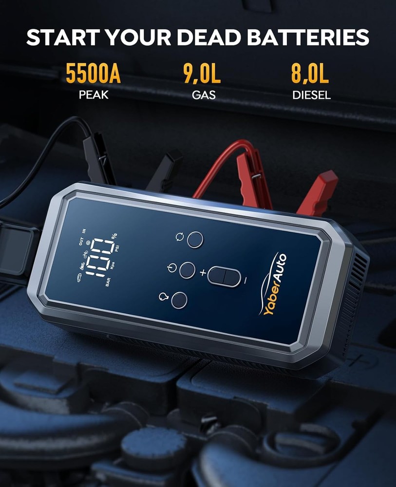 YaberAuto 9-in-1 Car Jump Starter with Air Compressor, 5500A