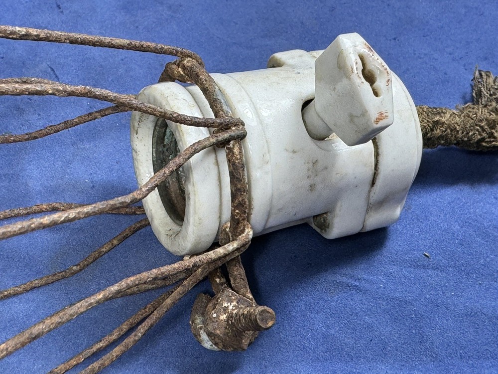 C.1915 Weber Porcelain Socket & Paddle Switch w/ Metal Cage ~ Old Drop Light
