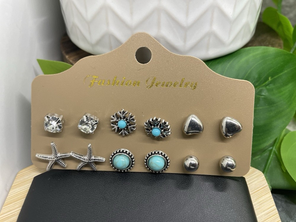 12 PC Matching Post Stud Earrings Set Silver-Tone New Free Ship B4475