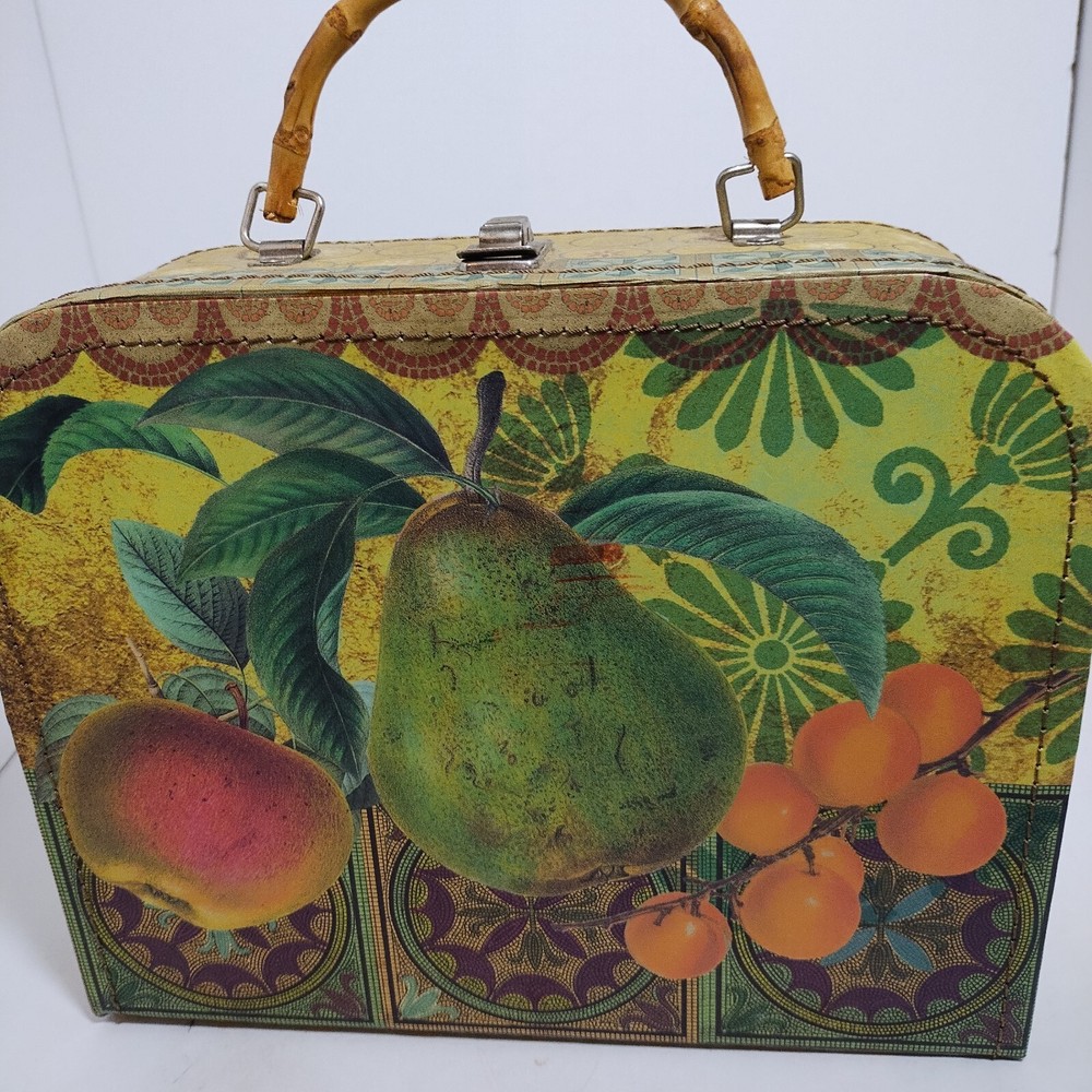 Decorative Fruit Storage Box With Metal Clasp Bamboo Handle Pear Apple Green 10"