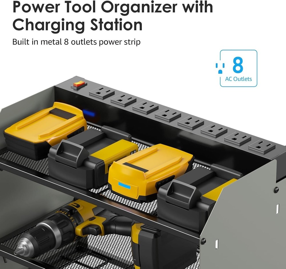 Heavy-Duty Drill Storage Shelf & Power Strip Combo – Wall-Mounted Organization