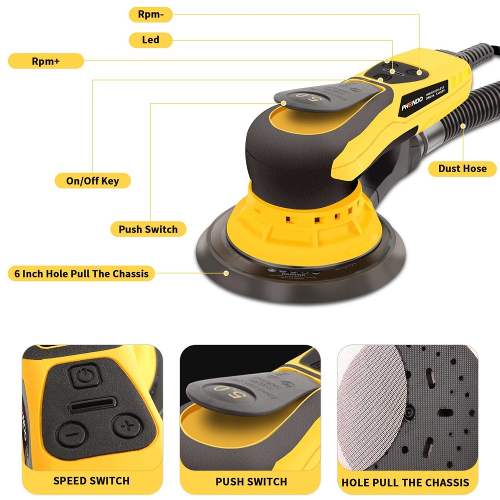 Electric Random Orbital Sander Brushless 350W 3A Multi-function Variable Spee...