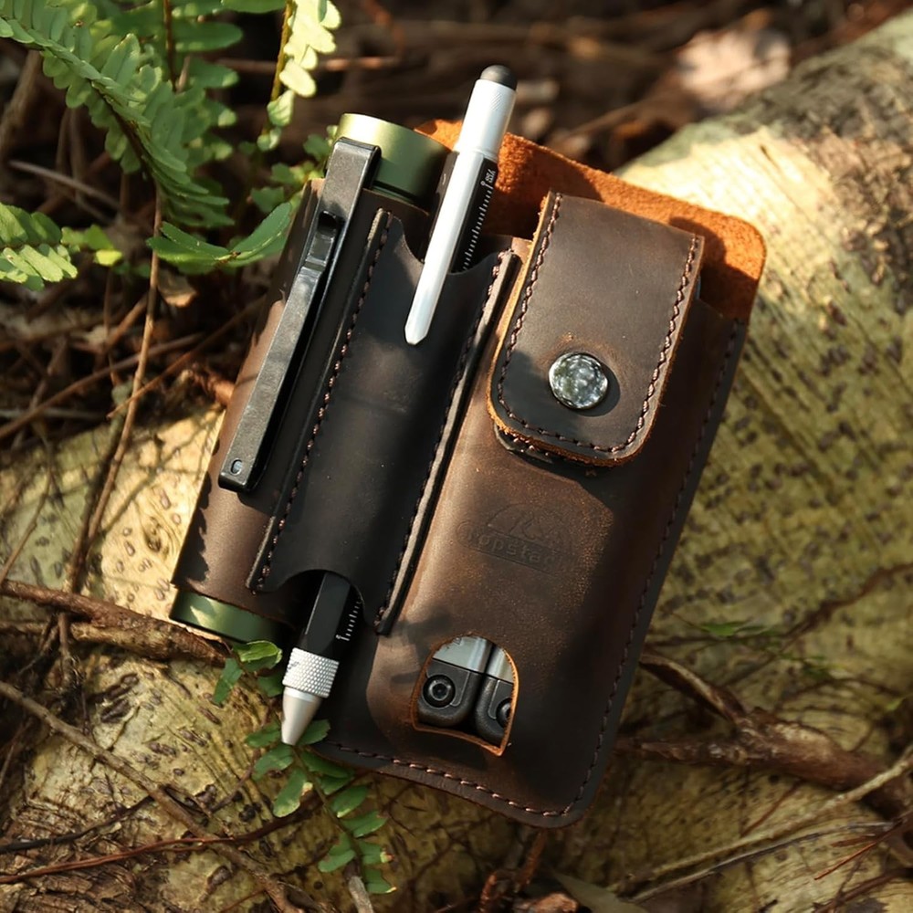 Leather multitool sheath with belt clip and compartments for EDC tools