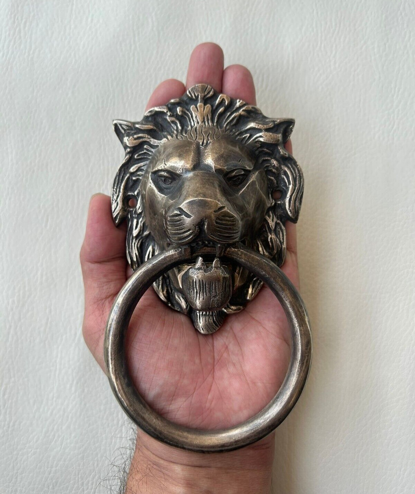 Vintage Brass Lion Head Face Door Drawer Cabinet Knocker Ring Pull Handle