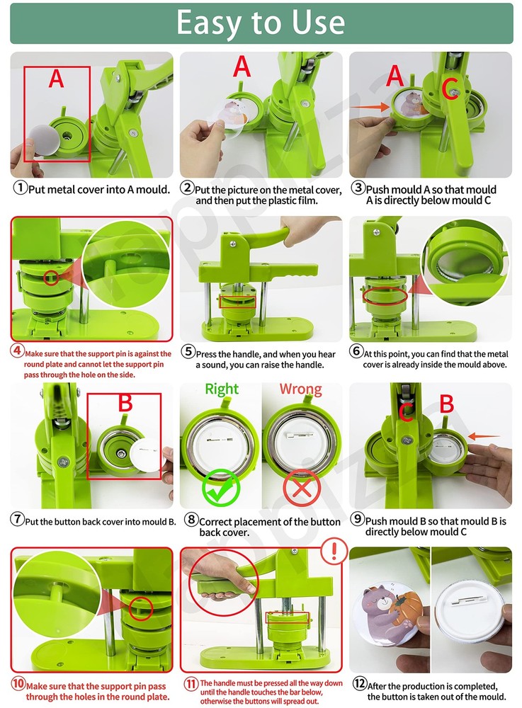 Happizza Button Maker Machine Green 1.25+2.25 inch (200 Sets),