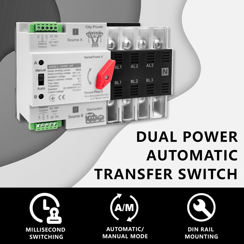 Mini ATS Automatic/Manual Transfer Switch 4P 100A AC110V W2R...