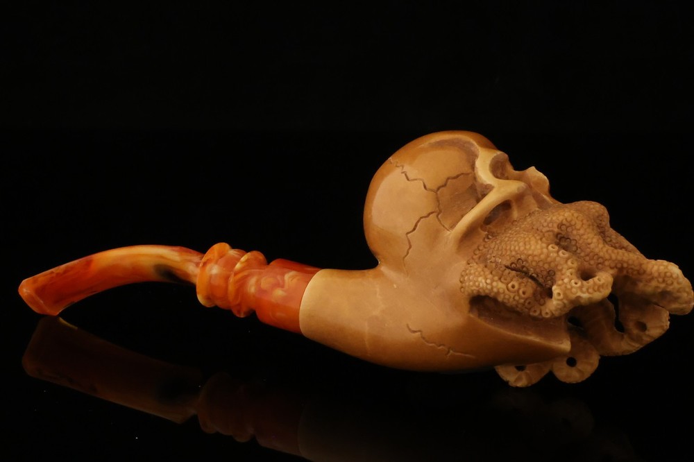 srv - Octopus Skull Block Meerschaum Pipe with fitted case 15464