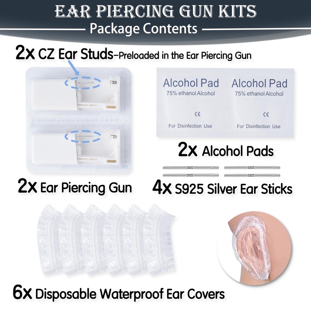 Disposable Ear Piercing Kit: 2 Guns with Preloaded 3MM Studs for Home Use